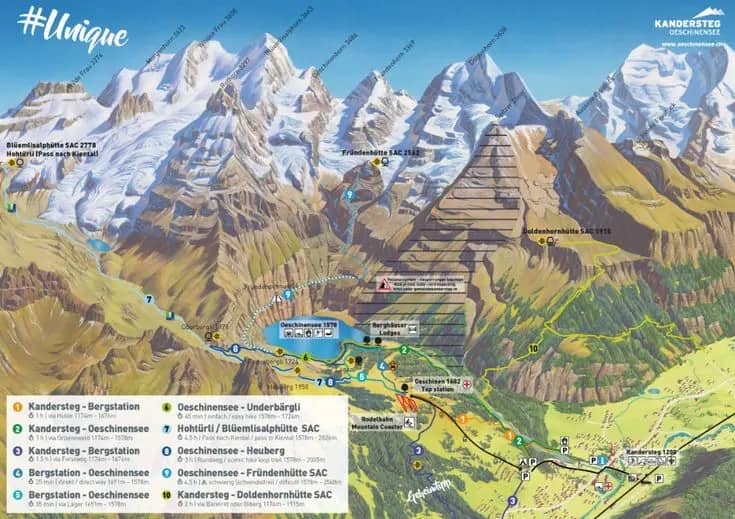 Mapa de senderos del Oeschinensee y Kandersteg con todas las rutas, la estación de la góndola y las cumbres, incluidos el Blüemlisalp y la Fründenhütte, Alpes suizos