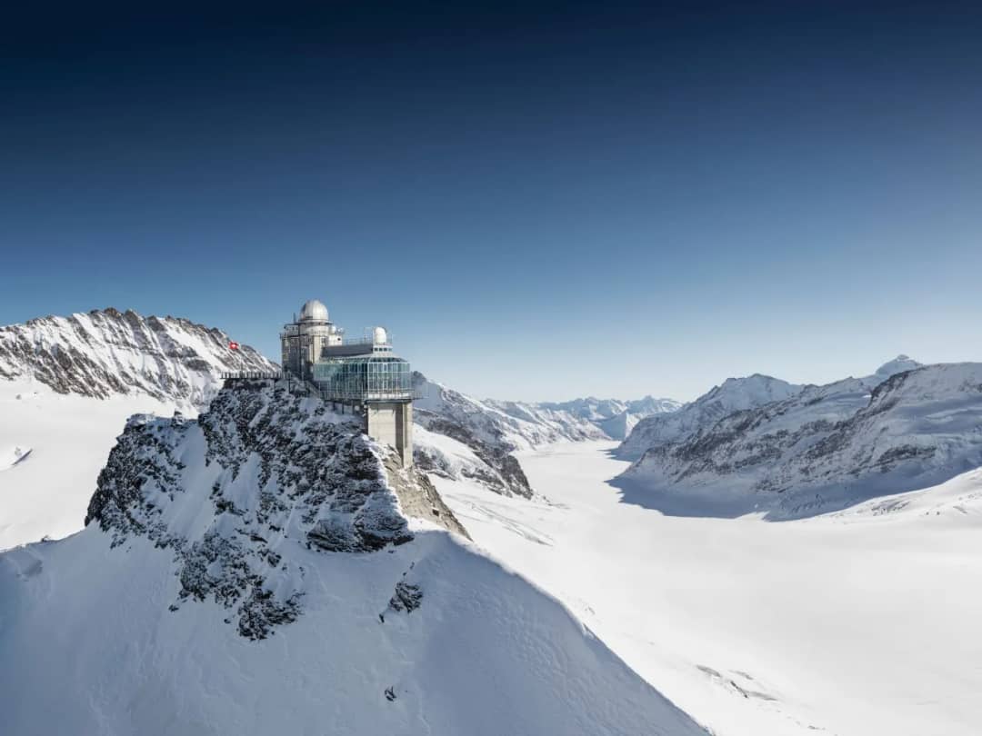 Sphinx Observatory at Jungfraujoch 3454m with Aletsch Glacier view, highest railway station in Europe Switzerland