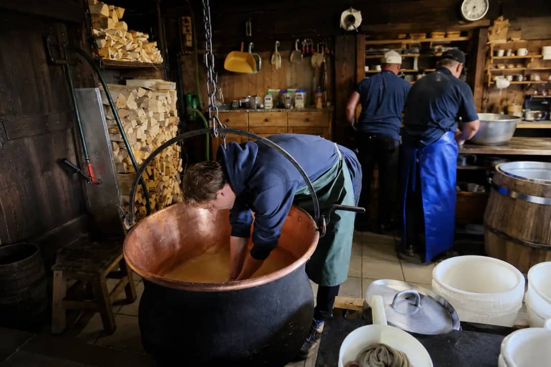 Visitor enjoying a hands-on cheese making experience during an authentic Swiss farm tour in Justistal, Interlaken