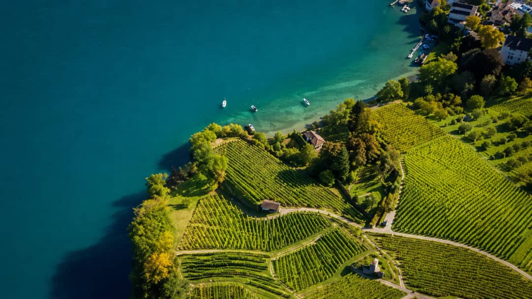 Aerial view of the Spiez vineyard terraces sloping down to the turquoise water of Lake Thun with boats