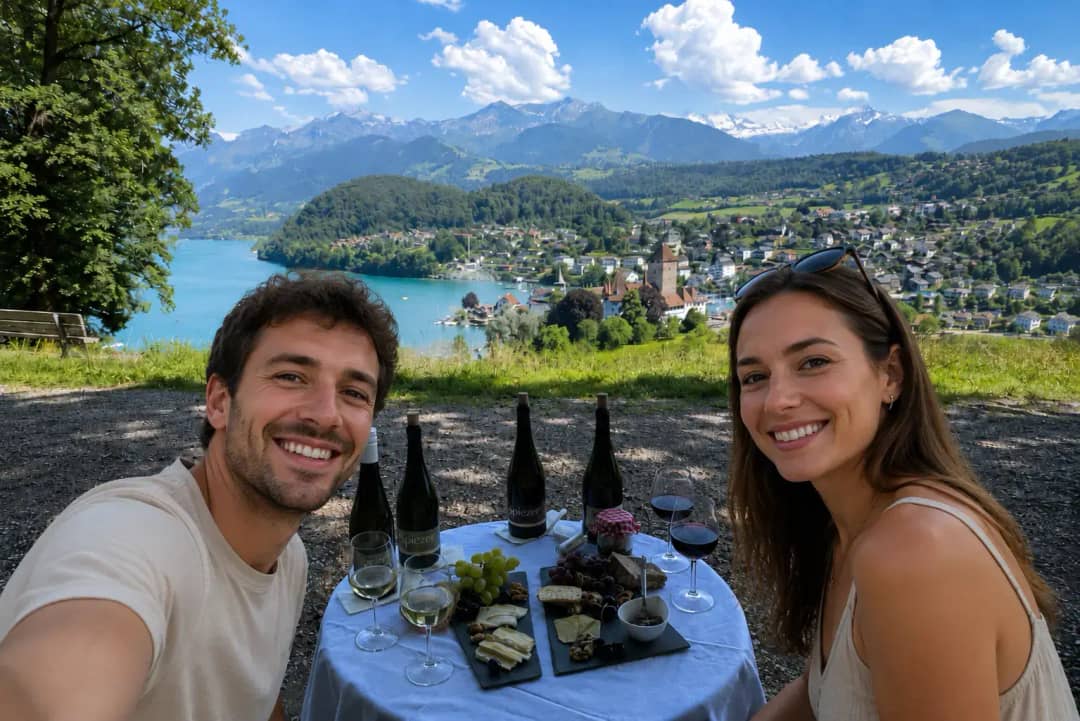 Couple tasting Spiezer wines with a cheese board overlooking Lake Thun and the Swiss Alps