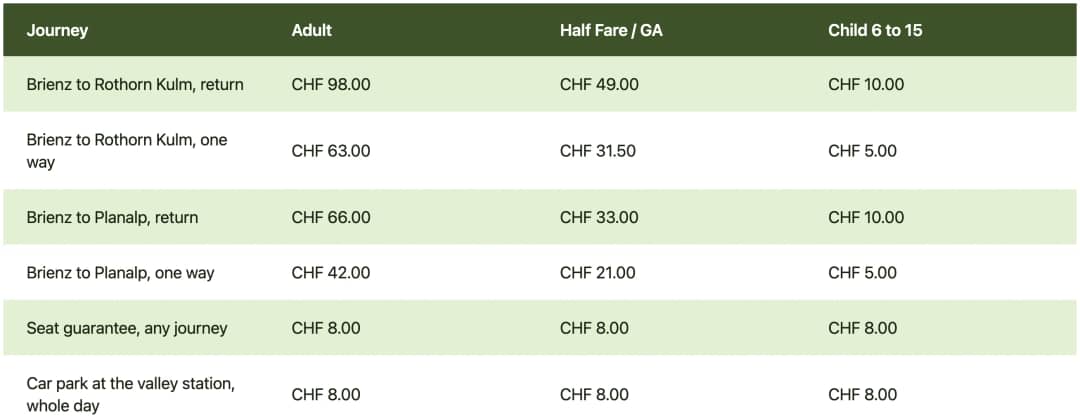 Tabelle der Preise 2026 der Dampfbahn aufs Brienzer Rothorn für Erwachsene, Halbtax und Kinder plus Sitzplatzgarantie