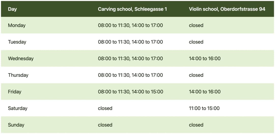 Tabelle der täglichen Öffnungszeiten der Schule für Holzbildhauerei Brienz und der Geigenbauschule Brienz