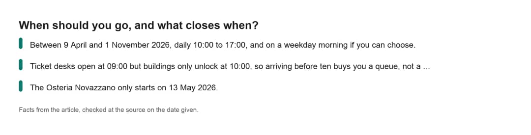 Key facts card for a half day at Ballenberg answering when you should go, and what closes at what time