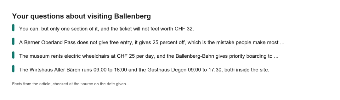 Key facts card for a half day at Ballenberg answering the most common questions about visiting the museum