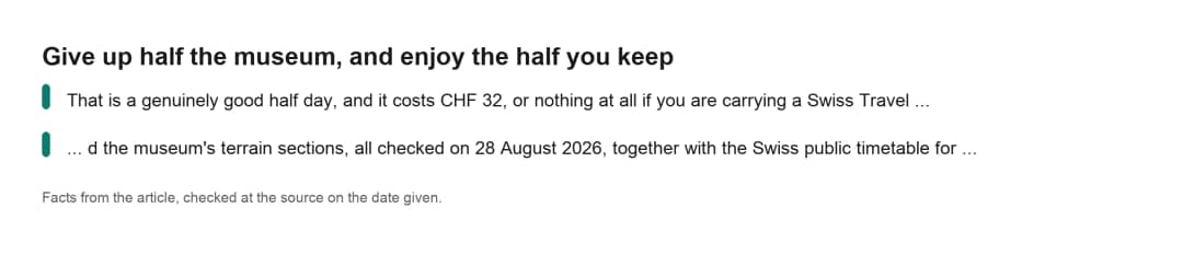Key facts card for a half day at Ballenberg answering give up half the museum, and enjoy the half you keep