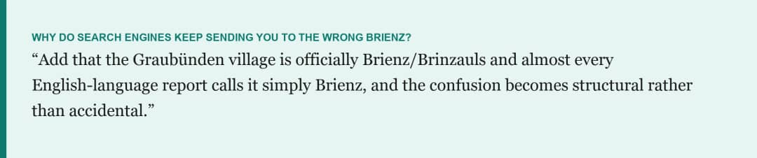 Zitatkarte zu den beiden Dörfern namens Brienz darüber, warum Suchmaschinen oft zum falschen Ort führen