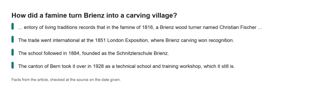 Faktenkarte zur Schnitzschule Brienz mit der Frage, wie eine Hungersnot Brienz zum Schnitzerdorf machte