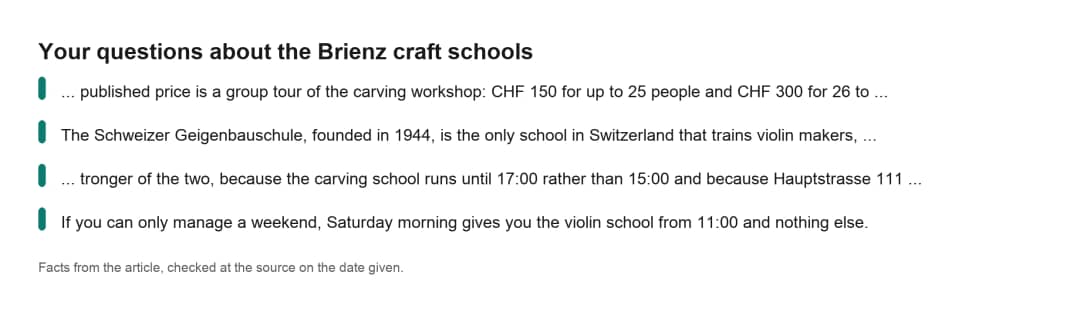 Faktenkarte zur Schnitzschule Brienz mit Antworten auf häufige Fragen zu den Handwerksschulen vor Ort