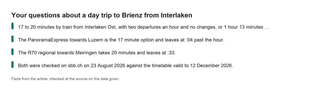 Faktenkarte zu einem Tagesausflug nach Brienz mit Antworten auf häufige Fragen zum Ausflug ab Interlaken