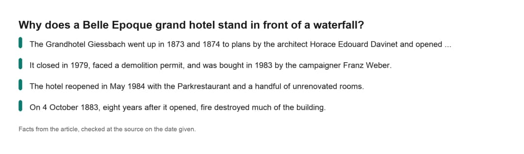 Key facts card for the Giessbach funicular answering why does a Belle Epoque grand hotel stand in front of a