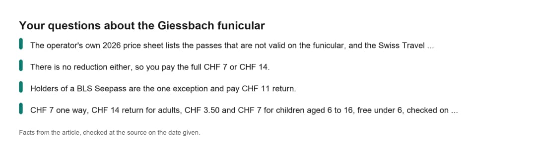 Key facts card for the Giessbach funicular answering the most common questions about the historic funicular