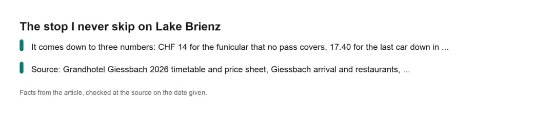 Key facts card for the Giessbach funicular on why it is the stop on Lake Brienz that is never worth skipping