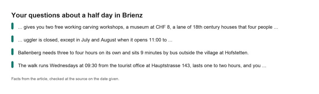 Ficha de datos clave con las respuestas a sus preguntas sobre una visita de media jornada al pueblo de Brienz