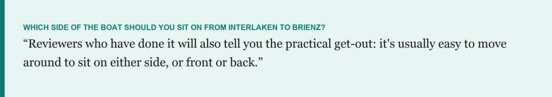 Zitatkarte zum Schiff nach Brienz mit der Frage, auf welcher Seite man von Interlaken aus sitzen sollte