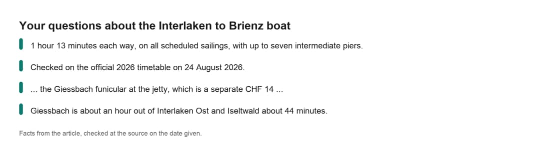 Faktenkarte zum Schiff nach Brienz mit Antworten auf häufige Fragen zur Fahrt ab Interlaken über den See