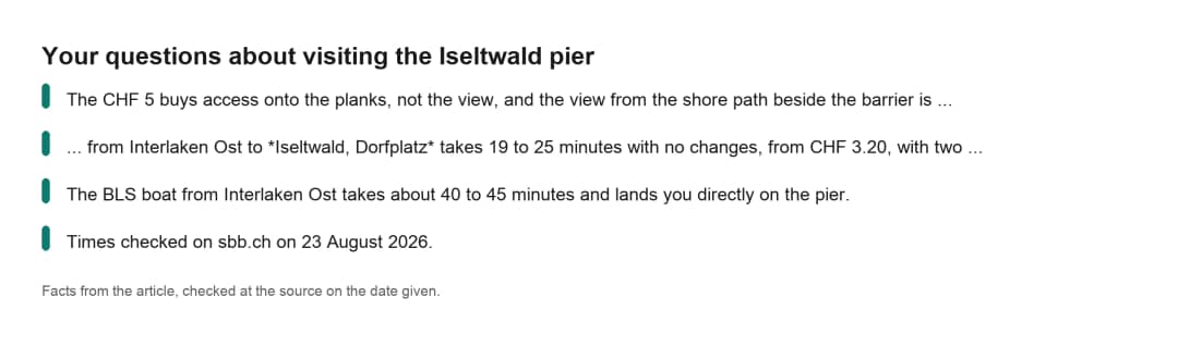 Faktenkarte zum Steg von Iseltwald mit Antworten auf häufige Fragen zum Besuch des berühmten Stegs am See