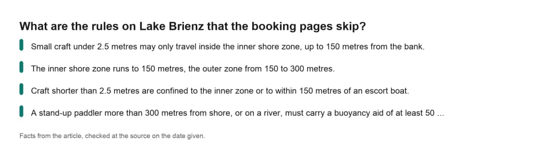 Faktenkarte zum Kajakfahren auf dem Brienzersee über Regeln, die auf Buchungsseiten oft nicht erwähnt werden
