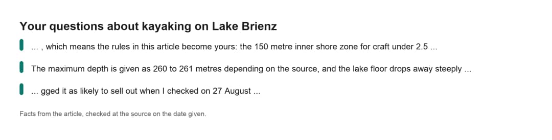 Faktenkarte zum Kajakfahren auf dem Brienzersee mit Antworten auf häufige Fragen zum Paddeln auf dem See