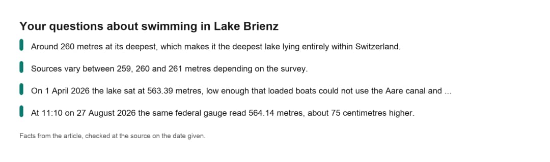 Fiche pratique sur la baignade dans le lac de Brienz, avec les réponses aux questions les plus courantes