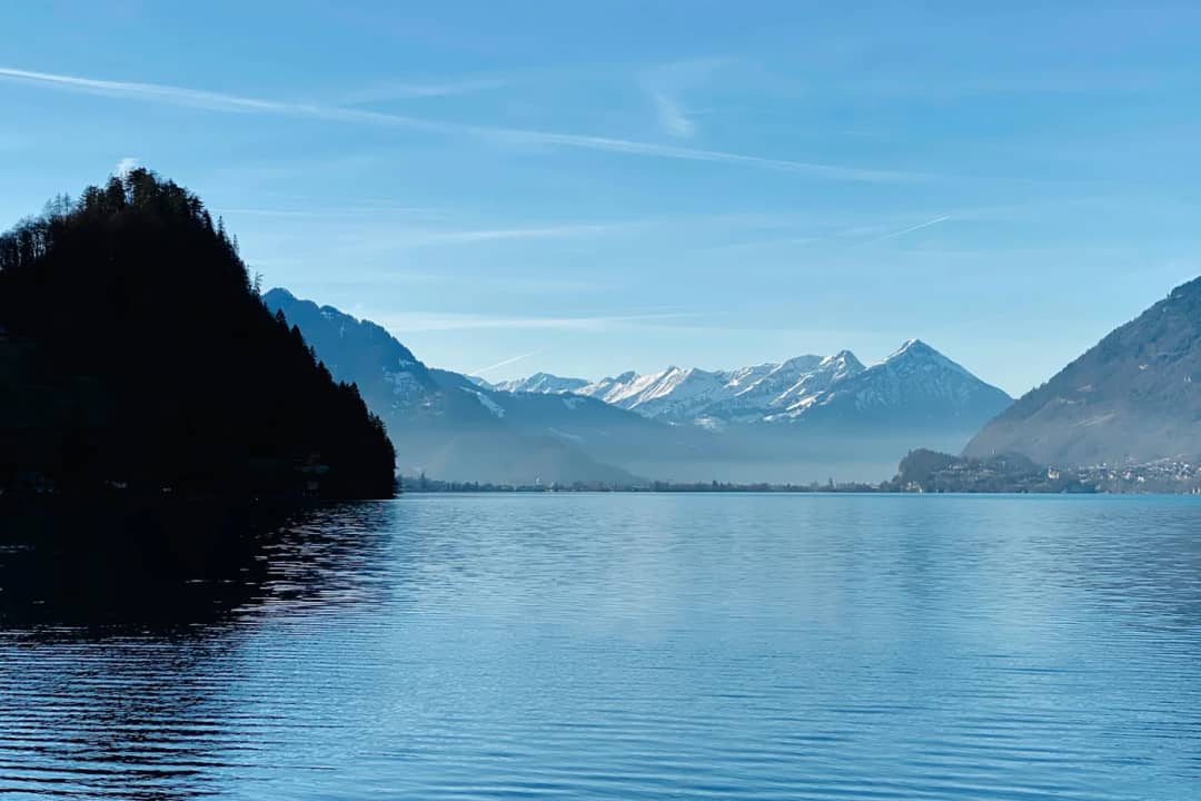 Calm blue water of Lake Brienz beside a dark wooded headland with a line of mountains on the far horizon