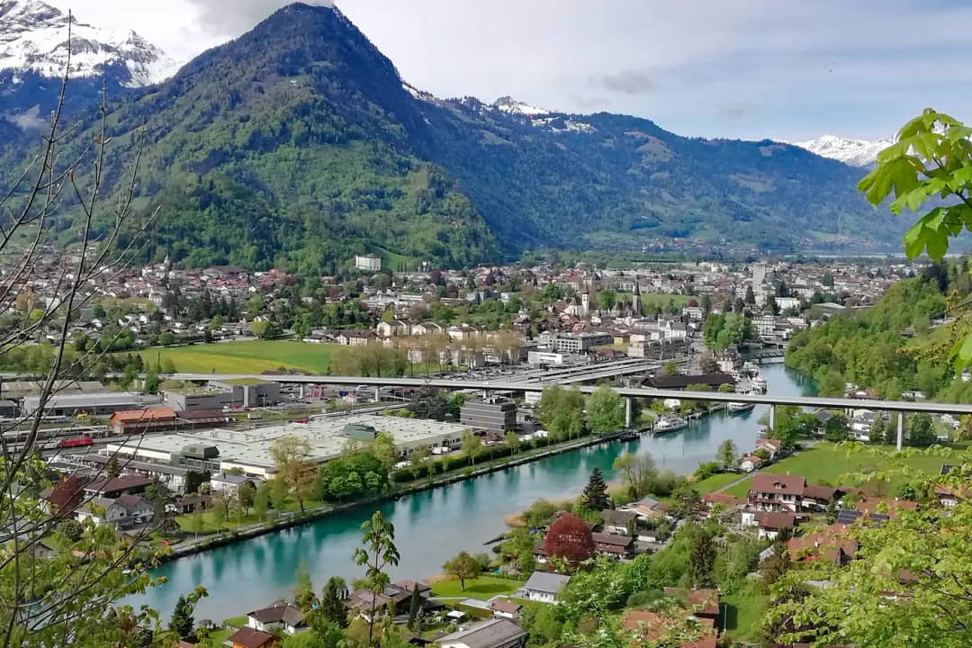 Interlaken and the Aare seen from the slope at Goldswil, with the road viaduct and mountains behind the town