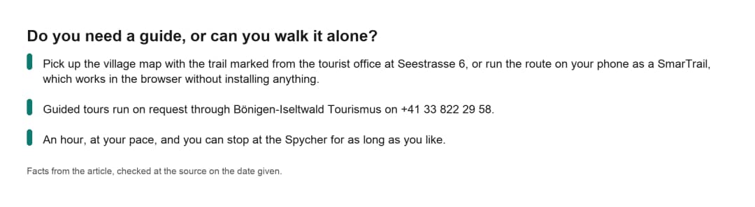 Faktenkarte zum Historischen Häuserweg in Bönigen, allein mit Dorfplan oder SmarTrail oder mit einer Führung