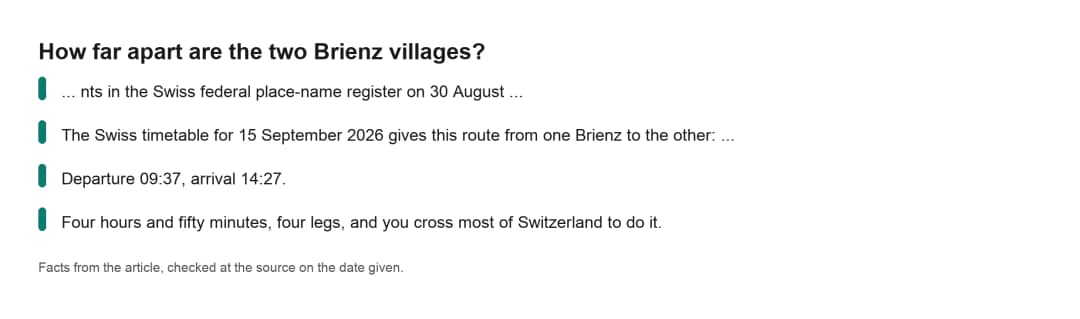 Faktenkarte zur Verbindung mit dem öffentlichen Verkehr zwischen den beiden Brienz, ab 09:37 und an 14:27 Uhr
