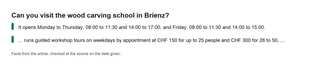Faktenkarte zur Schnitzschule Brienz mit der Frage, ob man die Schule fĂĽr Holzbildhauerei besichtigen kann
