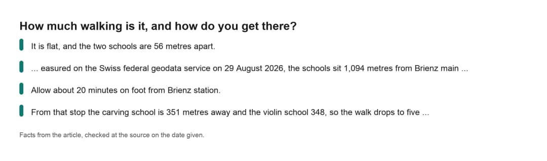 Faktenkarte zur Schnitzschule Brienz mit der Frage, wie viel man zu Fuss geht und wie man dorthin gelangt