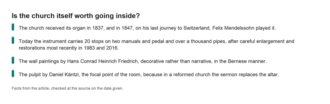 Faktenkarte zum Innern der Burgkirche Ringgenberg mit der Orgel von 1837, die Mendelssohn spielte, und Kanzel