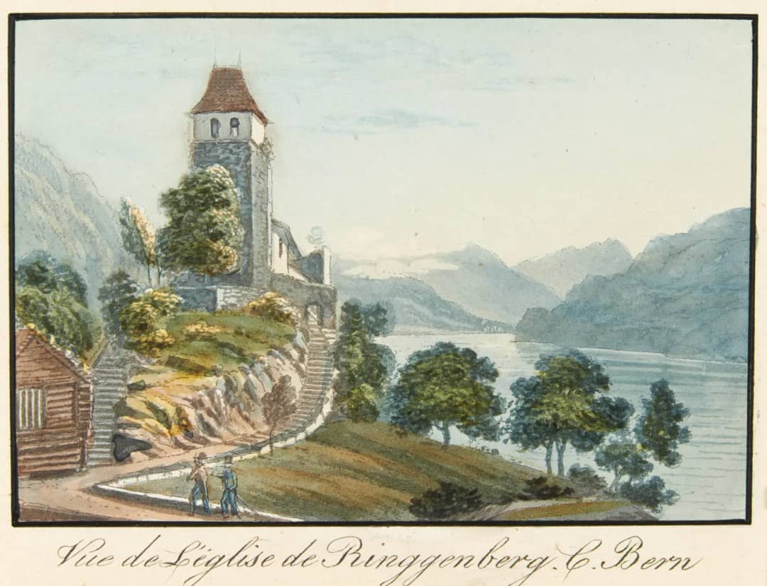 Kolorierte Aquatinta von J. S. Weibel: Kirchturm von Ringgenberg auf dem Burgfelsen ĂĽber dem Brienzersee