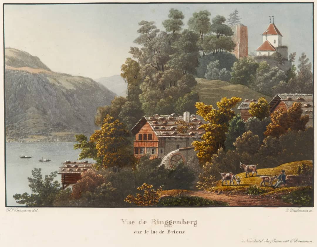 Kolorierter Stich von Ringgenberg mit dem Turm der Burgruine und der Kirche auf dem WaldhĂĽgel ĂĽber dem See