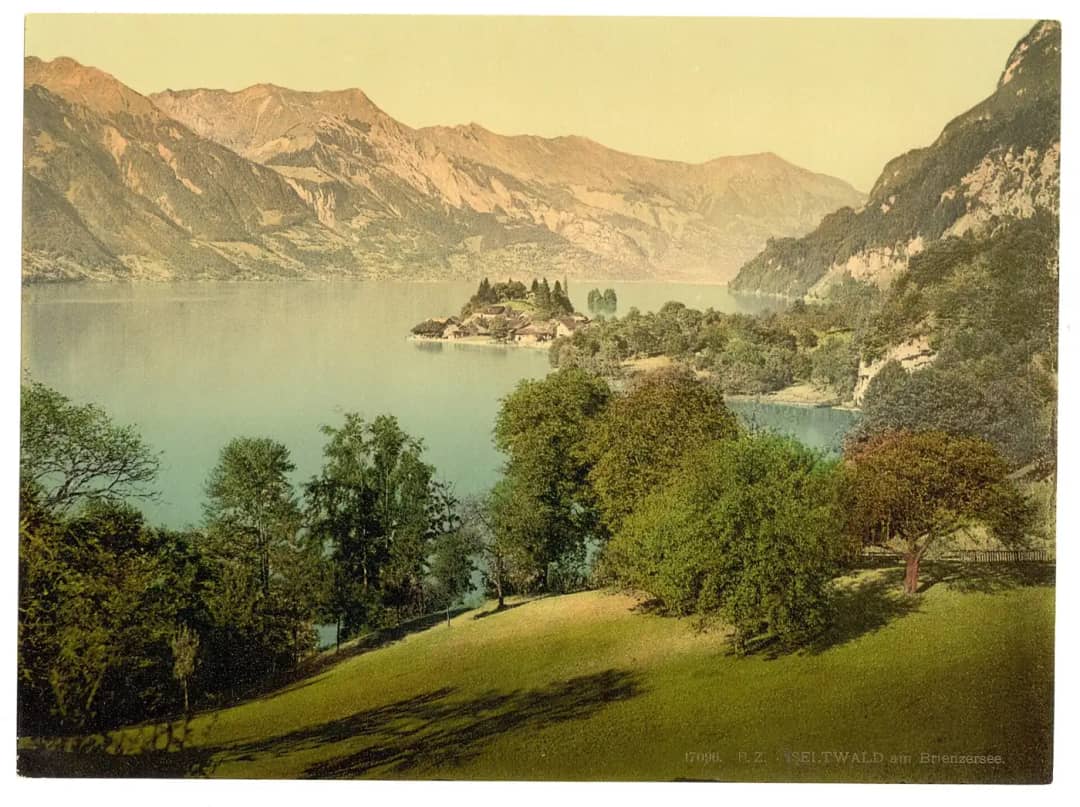 Photochrom um 1895 von der Halbinsel Iseltwald am Brienzersee, mit grünen Wiesen und Bäumen im Vordergrund