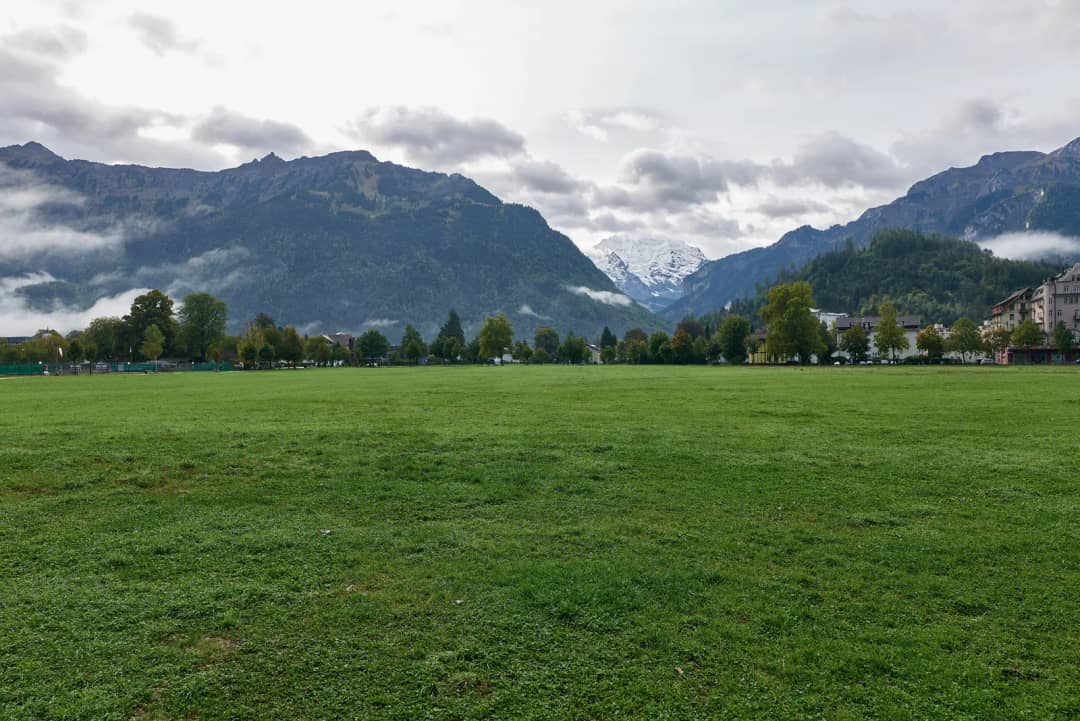 Open grass of the Höhematte with the Jungfrau between the peaks, the free afternoon left after the farm tour