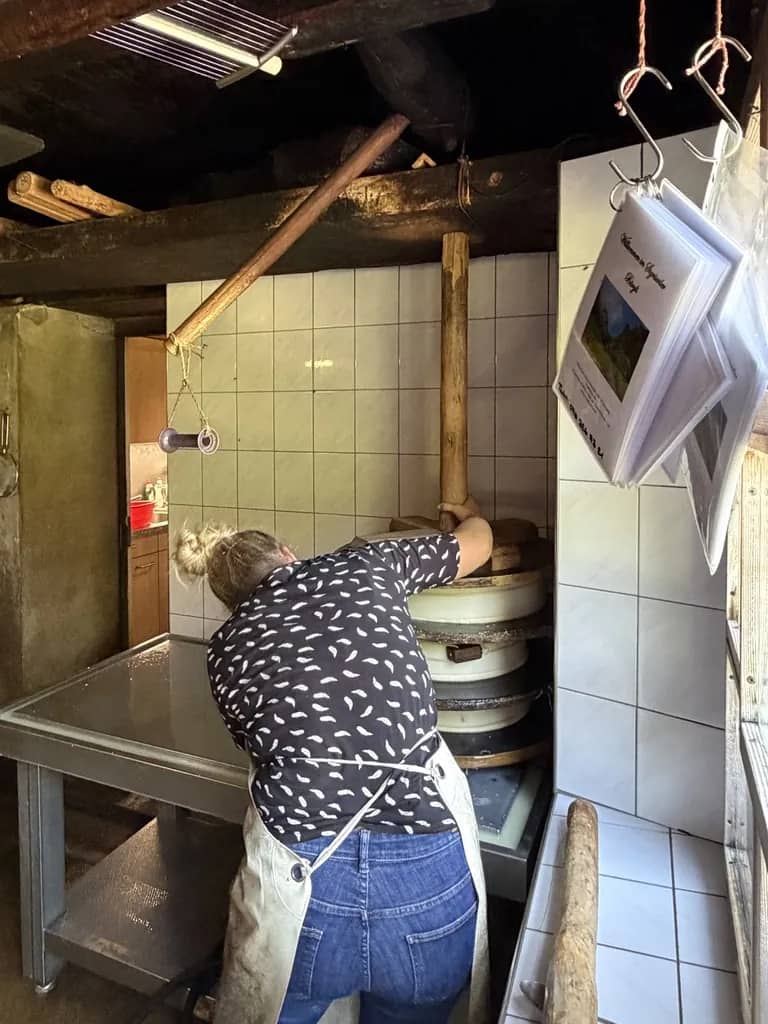 Farmer pressing fresh Alpkäse moulds in the tiled dairy of Sigriswiler Bärgli, where to taste it near Interlaken