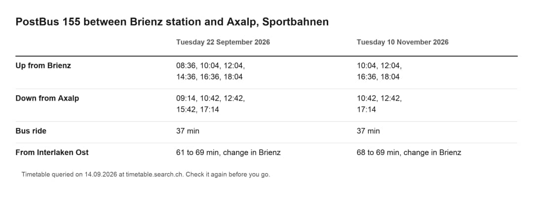 Fahrplan des Postautos 155 von Brienz zur Axalp für die Hinterburgseeli Wanderung, im September und November