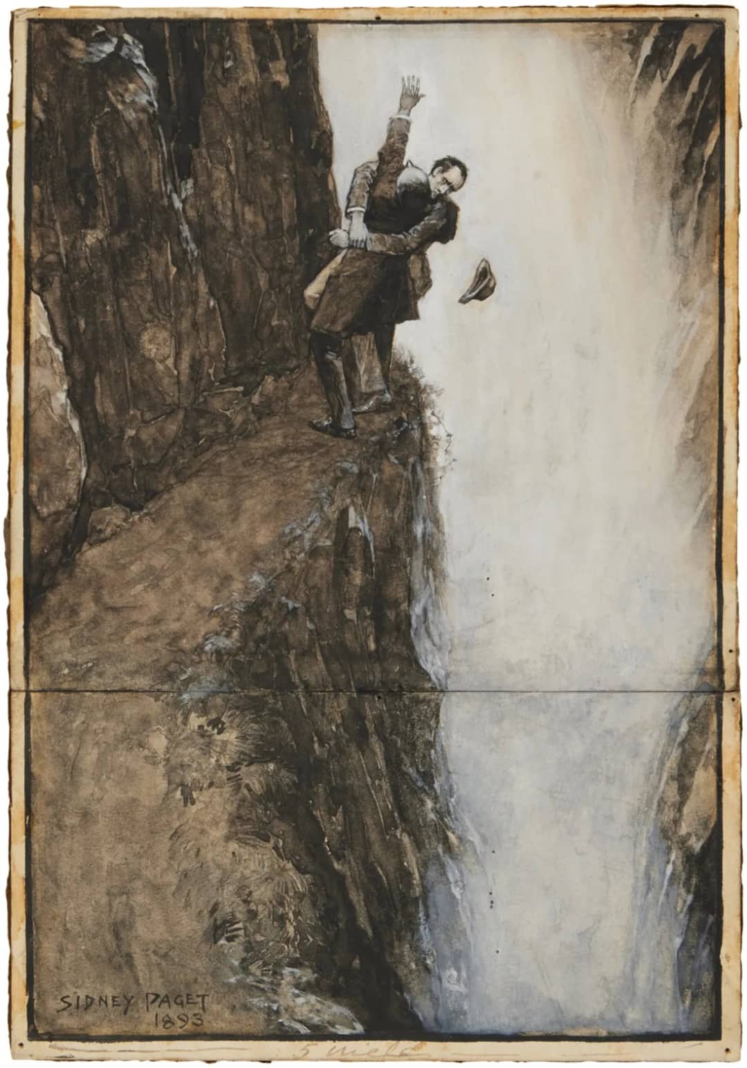 Sidney Paget's 1893 drawing of Sherlock Holmes and Moriarty fighting on the ledge at the Reichenbach Falls