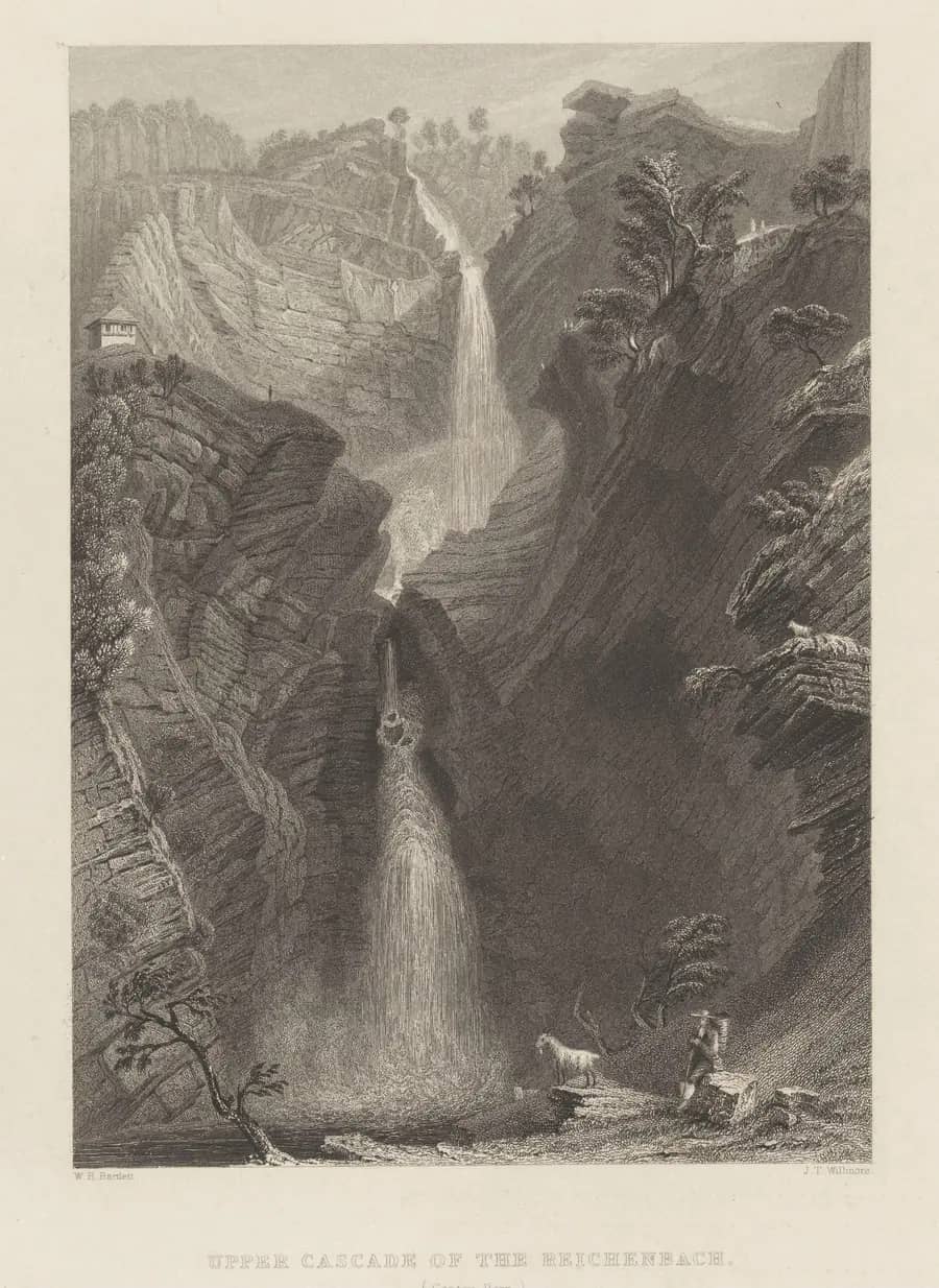 1836 engraving of the upper cascade of the Reichenbach above Meiringen, drawn by William Henry Bartlett