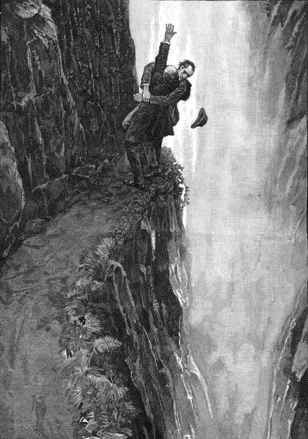 Zeichnung von Sidney Paget, 1893: Holmes und Moriarty ringen auf dem schmalen Felsvorsprung am Reichenbachfall