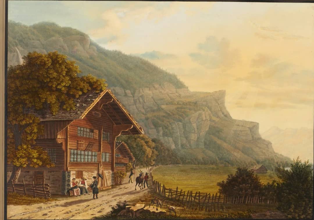Aquatinta aus dem 19. Jahrhundert: alter Spazierweg von Meiringen zum Reichenbachfall mit Chalet und Wanderern