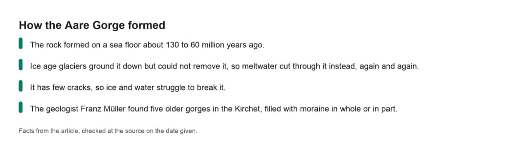 Fact card on how the Aare Gorge formed: Kirchet limestone, ice ages and five older gorges full of moraine