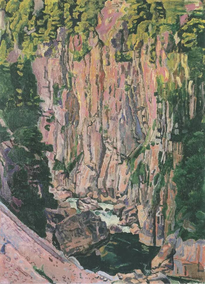 Ferdinand Hodler's 1907 painting of the Aare Gorge, pale rock walls rising above the river in green and ochre