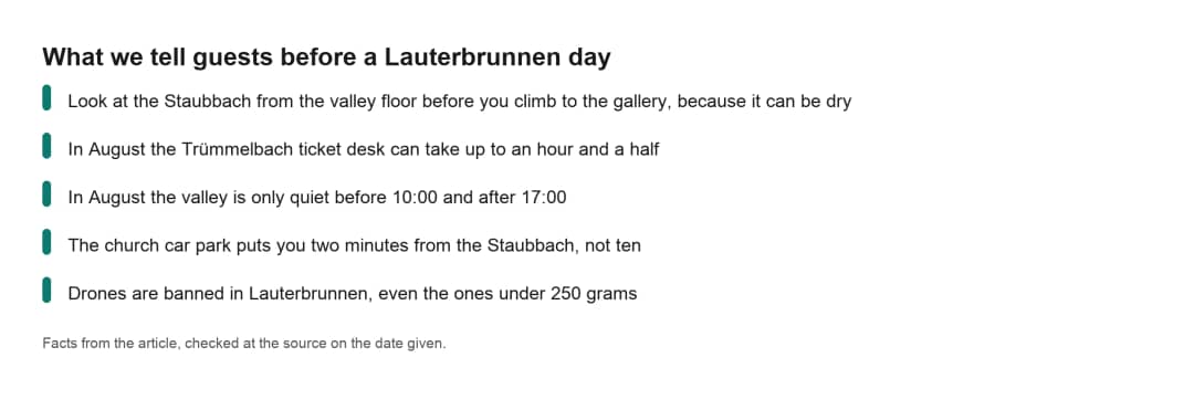Ficha con las cuatro reglas que damos a los clientes antes de un día en el valle de Lauterbrunnen
