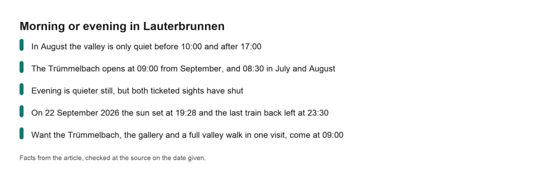 Fact card weighing the morning and evening quiet windows in Lauterbrunnen with opening hours and prices