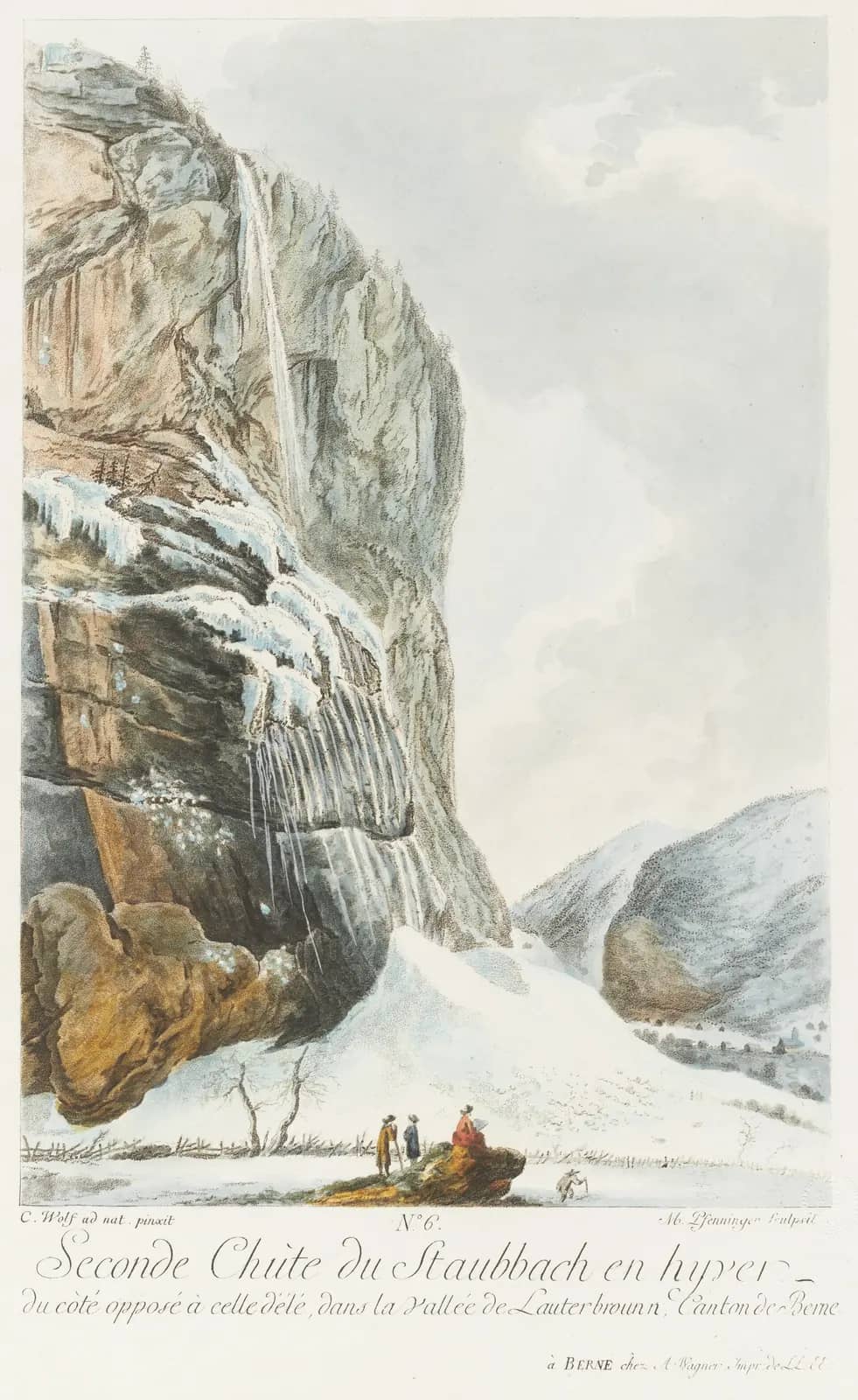 Caspar Wolf engraving of the Staubbach falls in the Lauterbrunnen valley under snow, the empty off season