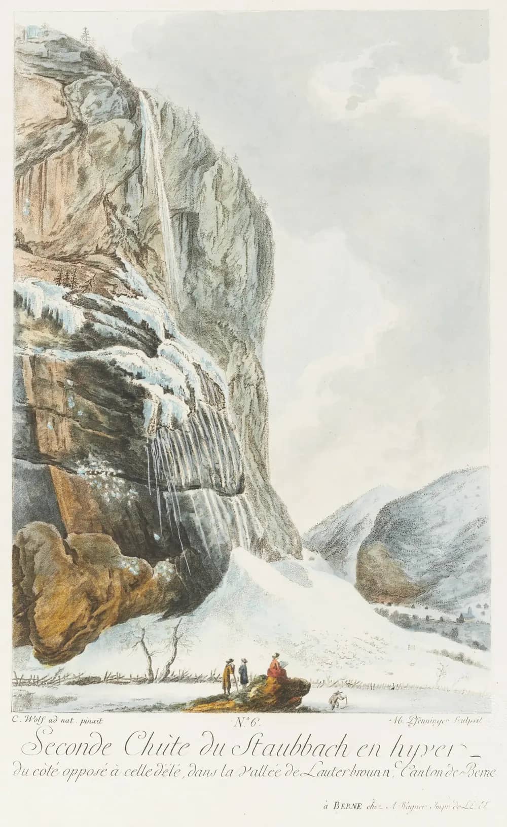 Engraving of the Staubbach falls in winter, the Lauterbrunnen cliff covered in ice above a snowy valley floor