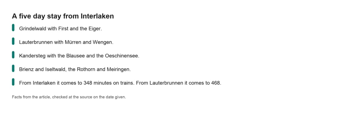 Fact card listing a five day plan from Interlaken and the train time saved against a Lauterbrunnen base