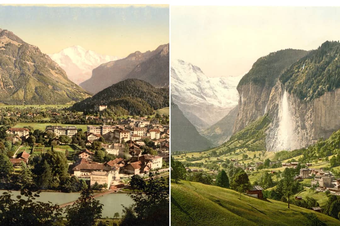 Interlaken and the Jungfrau on the left, the Lauterbrunnen valley and the Staubbach on the right, side by side