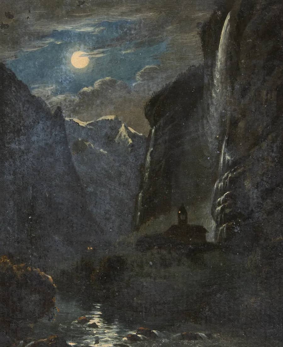 Moonlit painting of the Staubbach falls and the Lauterbrunnen church at night, the stream shining below